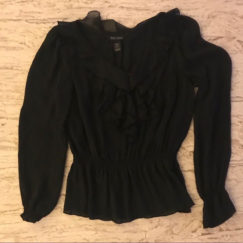 White House Black Market Silk Black Ruffle Top - S